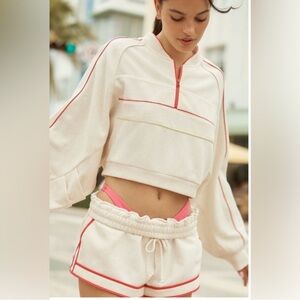 DAILY PRACTICE • ANTHROPOLOGIE Piped Retro Quarter Zip Cropped Sweatshirt M